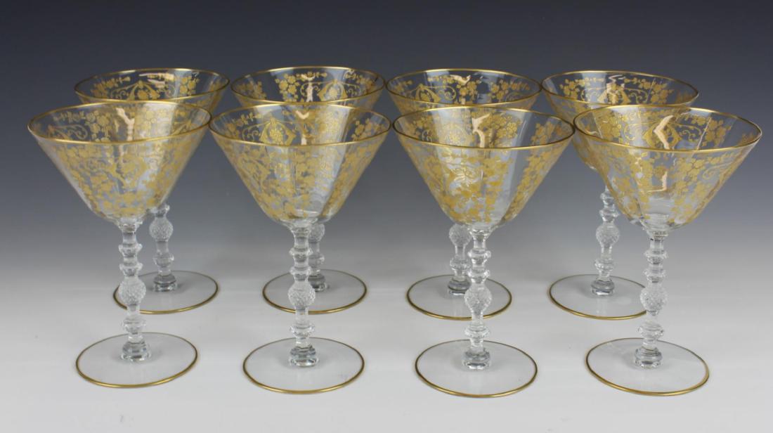 (8) CONTINENTAL CRYSTAL GOLD GILT MARTINI GLASSES: 8 Continental crystal martini glasses. Measures 6 1/2" height.