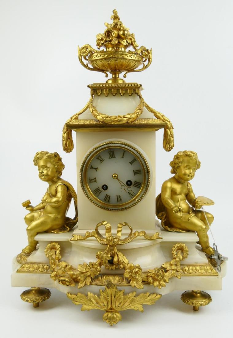 ANTIQUE JAPY FRERES ORMOLU MOUNTED ALABASTER CLOCK (1 of 8)