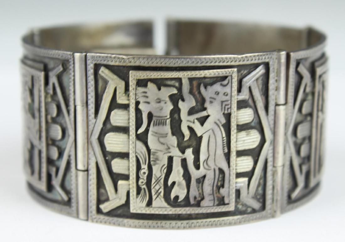 PERUVIAN INCAN SILVER APPLIED WIDE PANEL BRACELET (1 of 3)