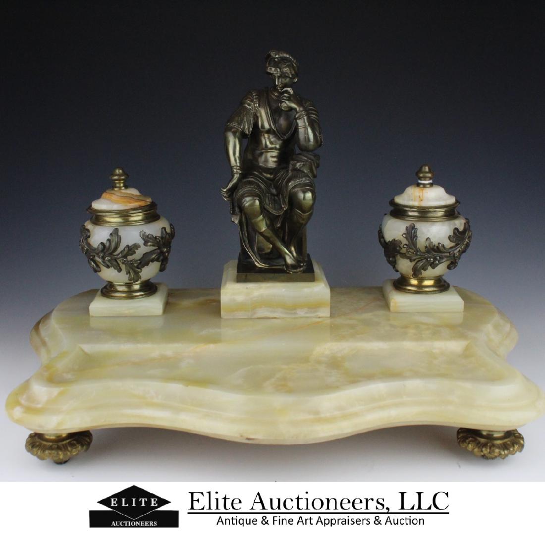 ALABASTER AND GILT BRONZE CONTINENTAL DESK INKWELL (1 of 7)