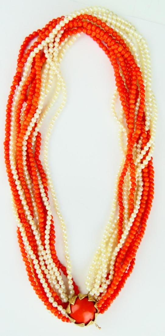 14K YG PEARL SALMON CORAL 12 STRAND NECKLACE (1 of 5)