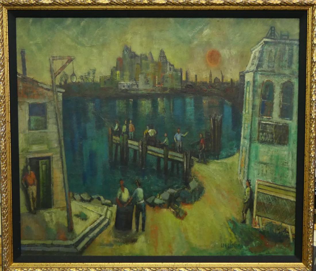 SAMUEL DAVID (USA 1895-1979) OIL PAINTING ON BOARD: Samuel David Lev-Landau (USA, 1895 - 1979) oil painting on board depicting a bay scene with people on a dock. Signed "LEV-LANDAU" to lower right. Measures approx. 23 1/2" height x 27 1/2" width (59.7c
