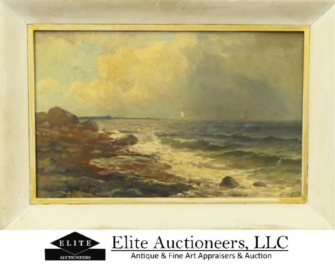 MAURITZ DEHAAS (1832-1895) COASTAL OIL ON CANVAS: Mauritz Frederik Hendrik DeHaas (HOLLAND / AMERICAN, 1832 - 1895) coastal oil painting on canvas depicting a rock shore with sailboats seen on the horizon. Signed "MFH de Haas" to lower right. Mounted