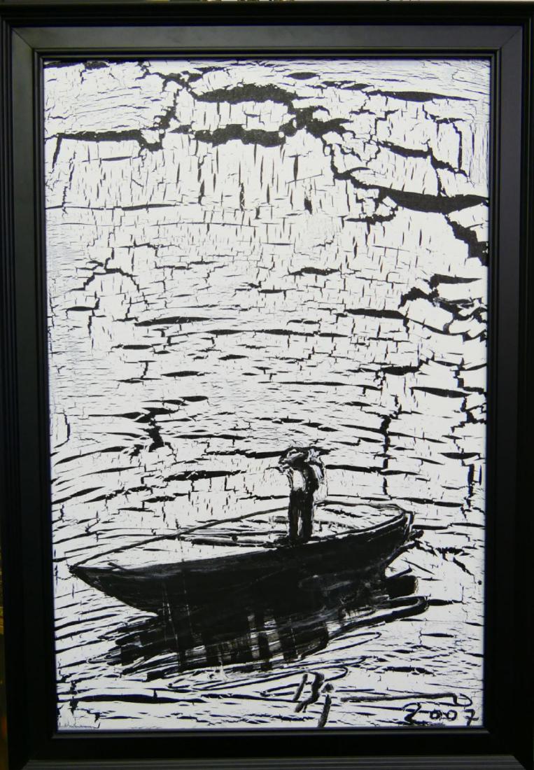 AGUSTIN BEJARANO (CUBAN, B.1964) ACRYLIC ON CLOTH: AGUSTIN BEJARANO (CUBAN, B.1964) ACRYLIC ON CLOTH. Dated 2007, depiction a man on a boat possibly fishing. This is a original work from the artist. Measures 29 1/2" by 19 1/2".