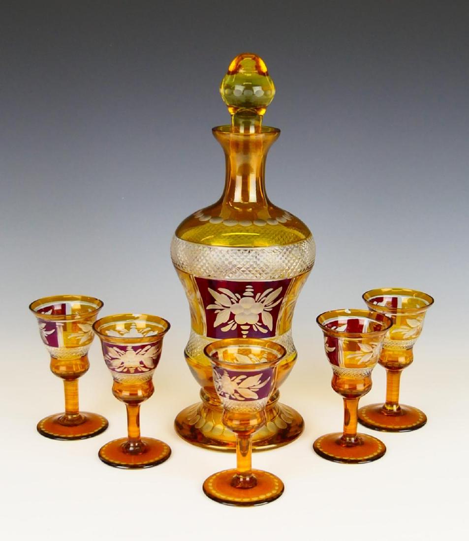6 pc BOHEMIAN CUT TO CLEAR DECANTER & CORDIALS SET (1 of 4)