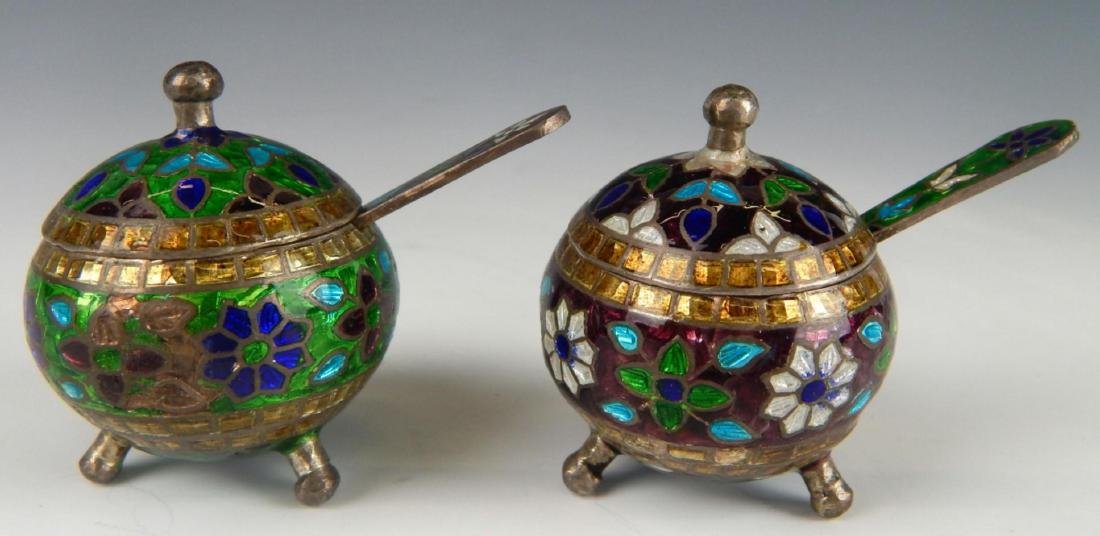 Vtg CHINESE SILVER CHAMPLEVE ENAMEL SALT CELLARS (1 of 7)