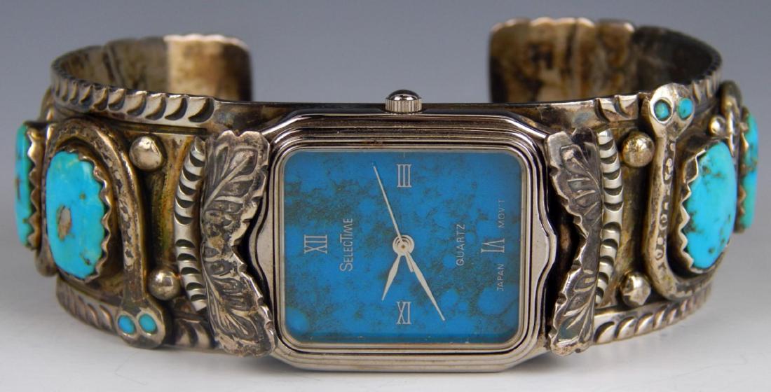 ZUNI HEAVY STERLING & TURQUOISE WATCH BANGLE (1 of 10)