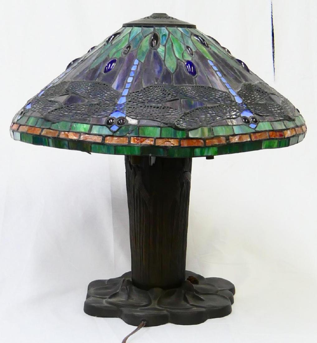 TIFFANY STYLE GLASS AND BRONZE ART NOUVEAU LAMP (1 of 6)