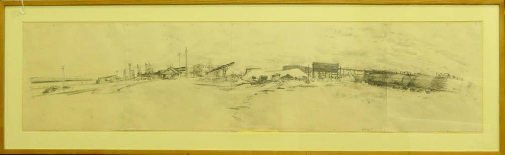 RACKSTRAW DOWNES (USA b1939) TOWNSCAPE PENCIL WORK: Rackstraw Downes (AMERICAN / NEW YORK / TEXAS / ENGLAND, born 1939) panoramic pencil townscape work spanning across 4 sheets of paper. Signed "RD" to right of rightmost sheet and titled to lower right