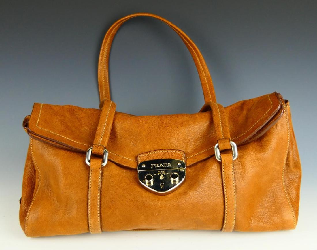 PRADA BROWN CAMEL LEATHER LOCKING CLASP PURSE (1 of 3)