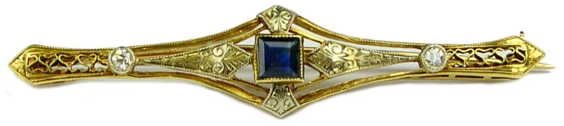 14K GOLD ART DECO SAPPHIRE & DIAMOND BROOCH PIN (1 of 5)