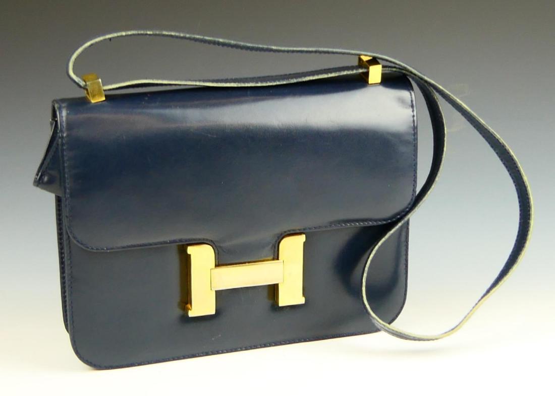 HERMES BLUE LEATHER H CLASP SHOULDER BAG PURSE (1 of 7)