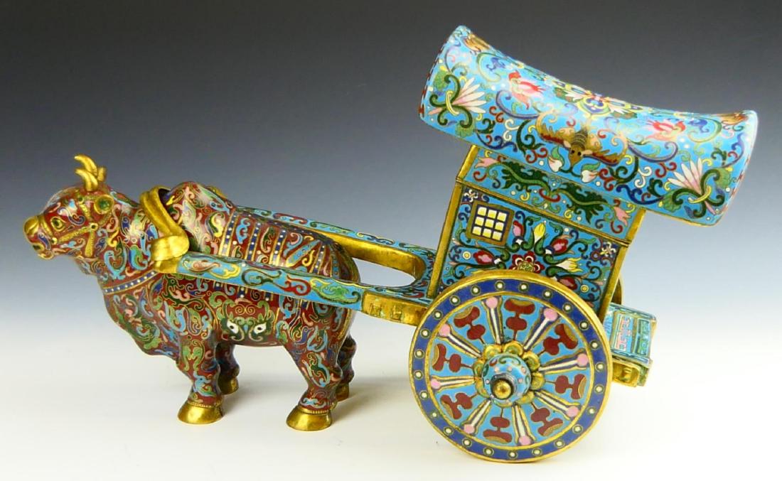 CHINESE CLOISONNE OX AND CART METAL SCULPTURE (1 of 8)