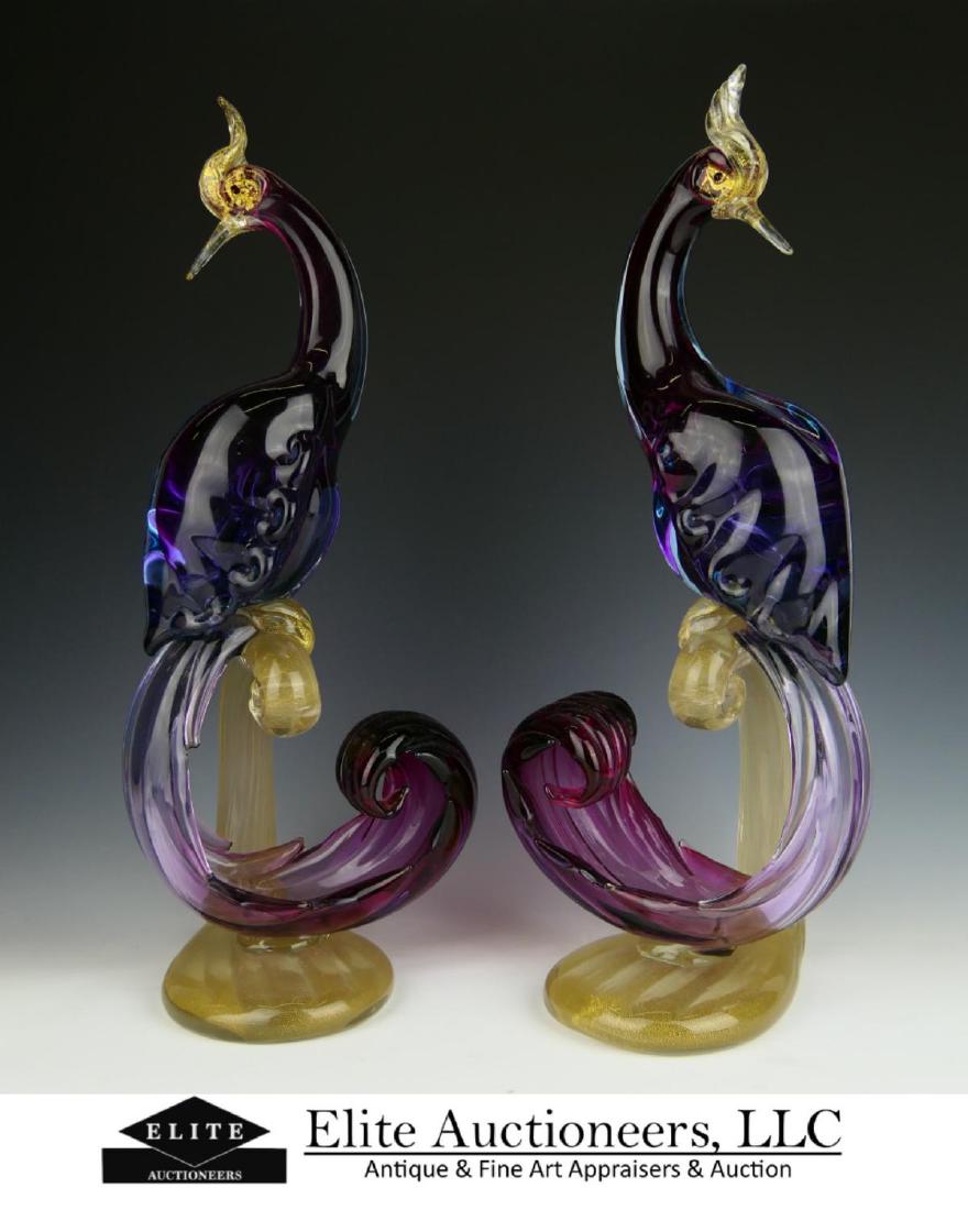 Pr ALFREDO BARBINI MURANO AMETHYST GLASS PEACOCKS (1 of 8)