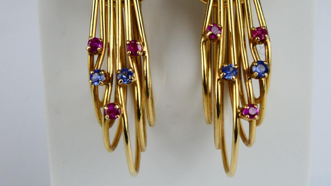14K YG RUBY & SAPPHIRE WIRE DANGLE HOOP EARRINGS (1 of 6)