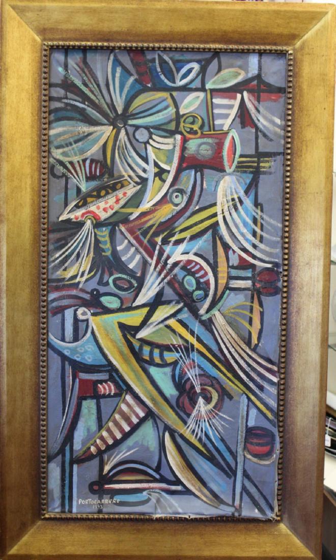 RENE PORTOCARRERO (CUBA, 1912 - 1985) OIL / CANVAS: Rene Portocarrero (CUBAN, 1912 - 1985) oil work on canvas, executed circa 1943, depicting an absract design. Signed "PORTOCARRERO" to lower left and dated 1943. Mounted in a gold painted wooden frame.