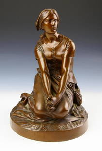 HENRI CHAPU (FRENCH 1833-1891) JOAN OF ARC BRONZE: Henri Michel Antoine Chapu (FRANCE, 1833 - 1891) bronze sculpture depicting a seated "Joan of Arc". Signed "R. Chapu" to side of base. Measures approx. 9" height x 6 1/4" width (22.8cm x