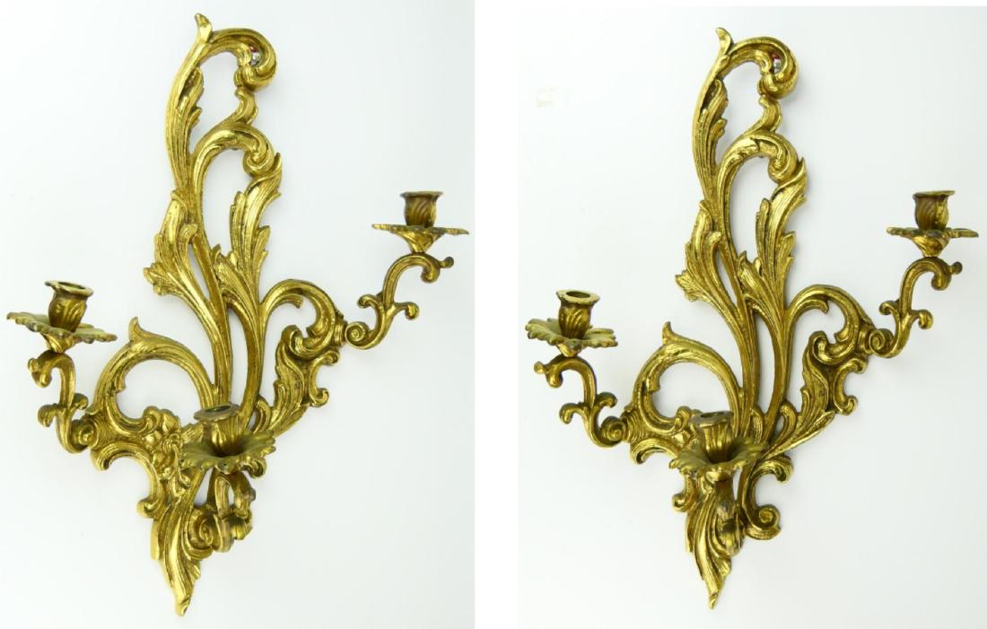 Pr ROCOCO GILT BRONZE THREE ARM WALL SCONCES (1 of 4)