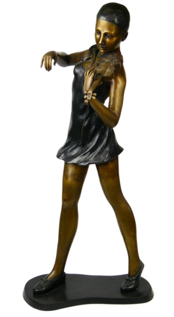 LARGE BRONZE SCULPTURE OF WOMAN PLAYING VIOLIN: A bronze sculpture depicting a young woman playing the violin. Crafted with brown and gold patinas. Measures approx. 35" height (88.9cm).