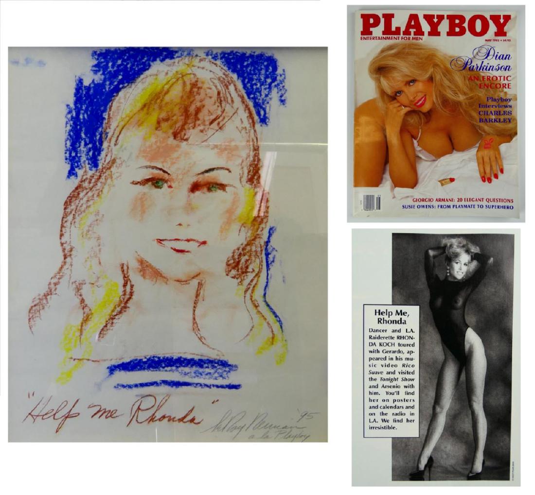 LEROY NEIMAN (USA 1921-2012) "HELP ME RHONDA" DRAWING: LeRoy Neiman (AMERICAN / NEW YORK / ILLINOIS / MINNESOTA, 1921 - 2012) original one-of-a-kind conte crayon and pastel mixed media work from his "A la Playboy" series depicting the portrait of Rhonda K