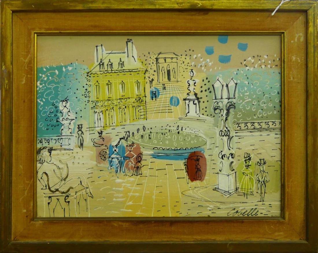 CHARLES COBELLE (1902-1998) PAINTING ON CANVAS: Charles Cobelle (UNITED STATES / CONNECTICUT / FRANCE, 1902 - 1998) mixed media with oil paint and outlined in marker ink. Measures 16" width by 12" height plus 2 1/2" frame.