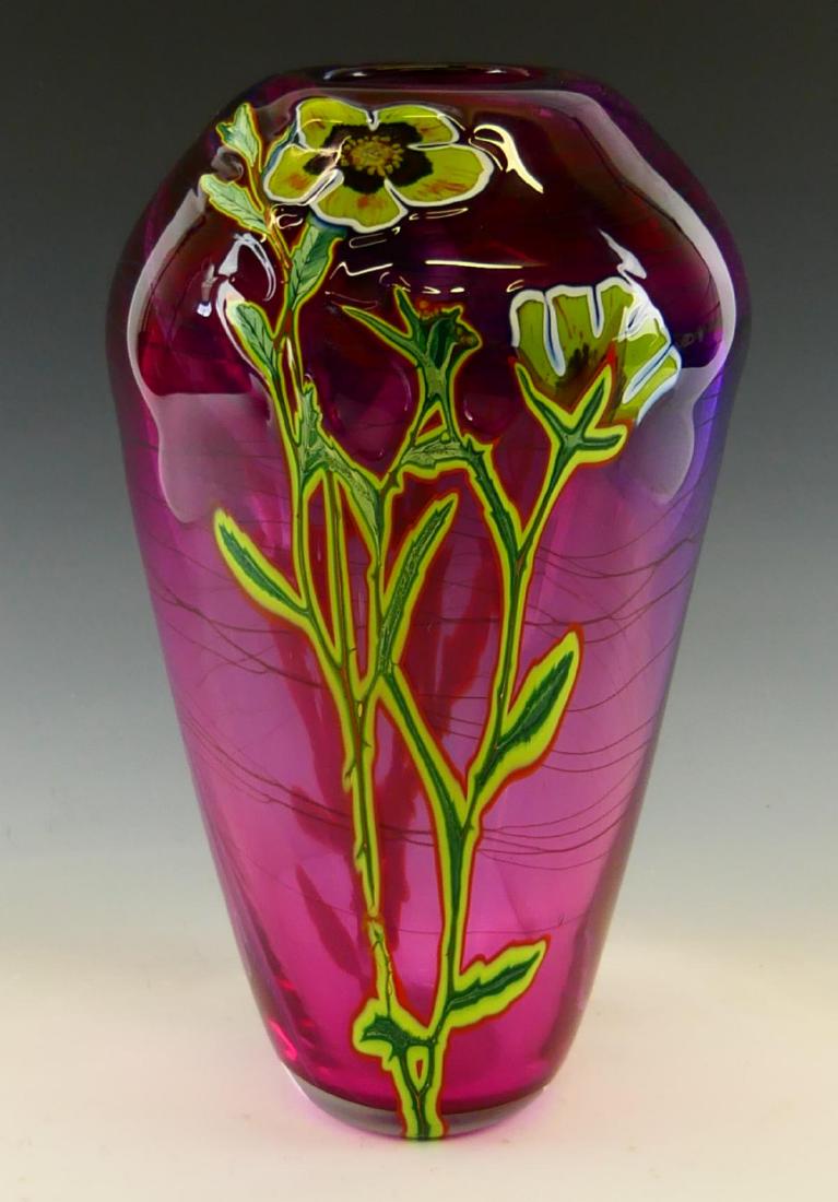 SIGNED 1993 BECK ART GLASS FLORAL VASE: A hand blown Beck studio art glass vase having a floral design. Etched signature to side and dated 1993. Measures approx. 10 1/4" height (26cm).