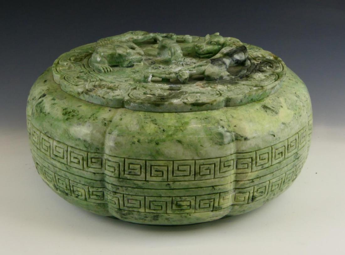 LARGE CHINESE GREEN SOAPSTONE PUMKIN COV'D VESSEL (1 of 5)