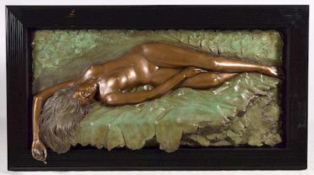 BILL MACK (USA b1949) BONDED BRONZED WALL SCULPTUR: Bill Mack (AMERICAN / MINNESOTA, born 1949) original massive bas relief bonded bronzed sculpture depicting a nude female. Mounted in a black lacquered wooden frame. Measures approx. 73 1/2" width x 39