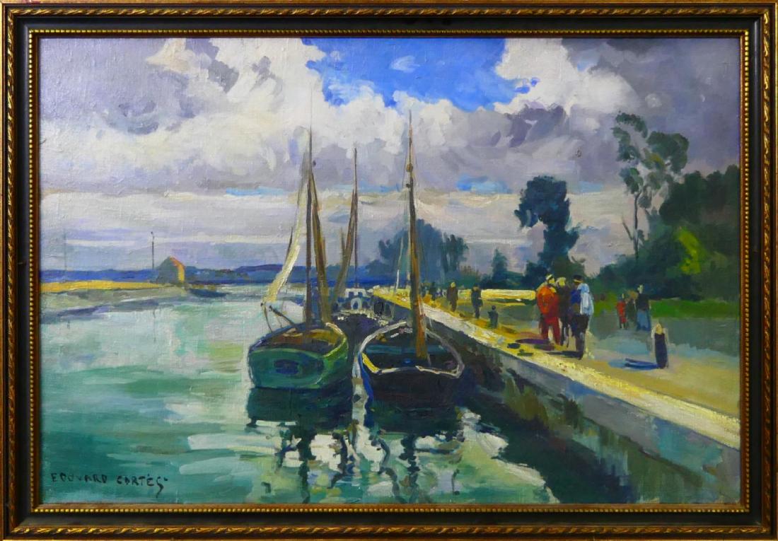 EDOUARD CORTES (FRENCH 1882-1969) STREET SCENE OIL: After Edouard Leon Cortes (FRENCH, 1882 - 1969) oil painting on canvas depicting a bay scene with sailboats. Signed to lower left. Mounted in a gold painted wooden frame. Canvas on stretcher measures