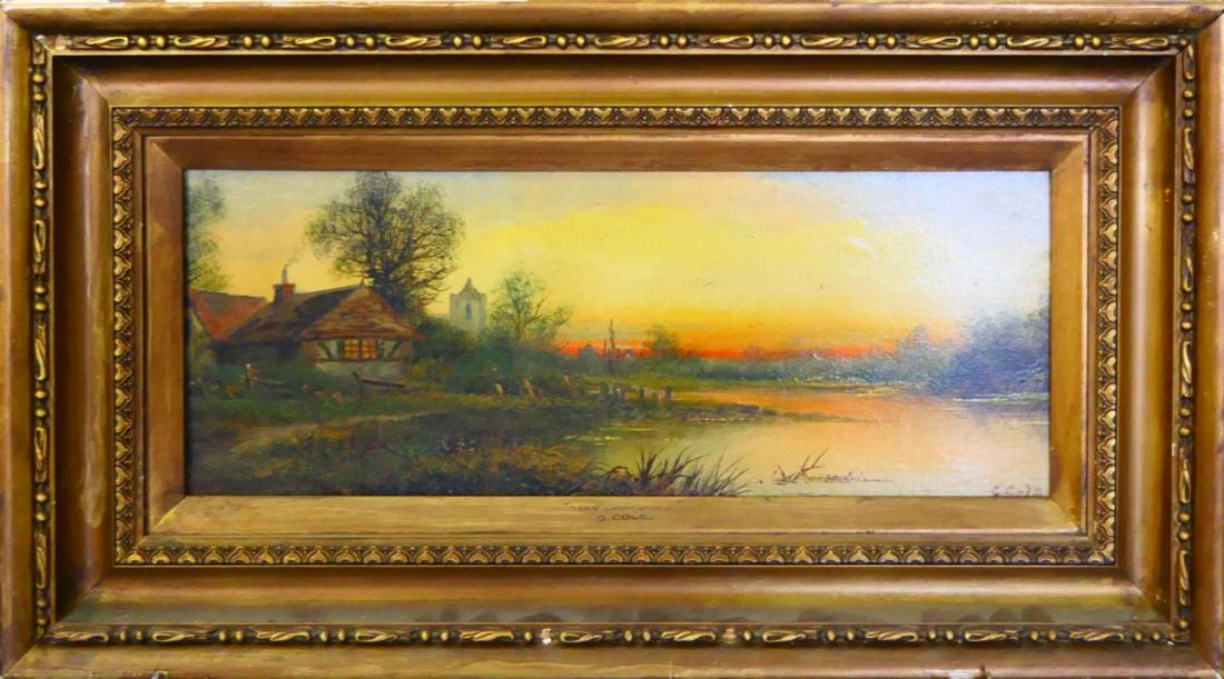 G. COLE "NEAR THE GOLDAMING" OIL PAINTING ON BOARD: G. Cole 19th century British school oil painting on artist panel board depicting a cottage landscape scene titled "Near the Godalming". Signed "G. Cole" to lower right. Mounted in a gold painted woode