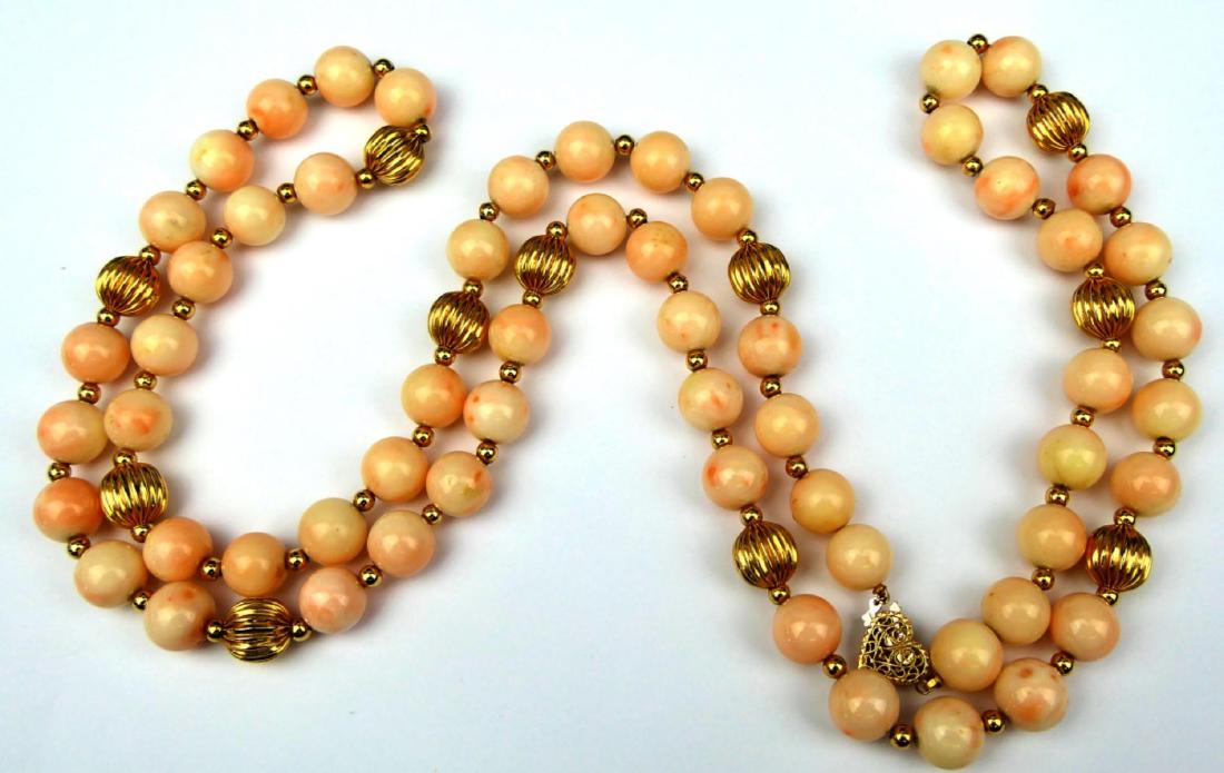 14K YELLOW GOLD ANGEL SKIN CORAL BEADED NECKLACE (1 of 6)
