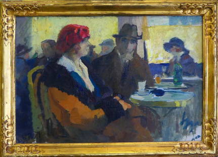 ELIE ANATOLE PAVIL (FRANCE 1873-1948) OIL/CANVAS: Elie Anatole Pavil (FRANCE / UKRAINE / RUSSIAN FEDERATION / MOROCCO, 1873 - 1948) oil painting on canvas depicting a diner interior scene with a man and woman sitting at a table. Signed "E. A. PAVIL"