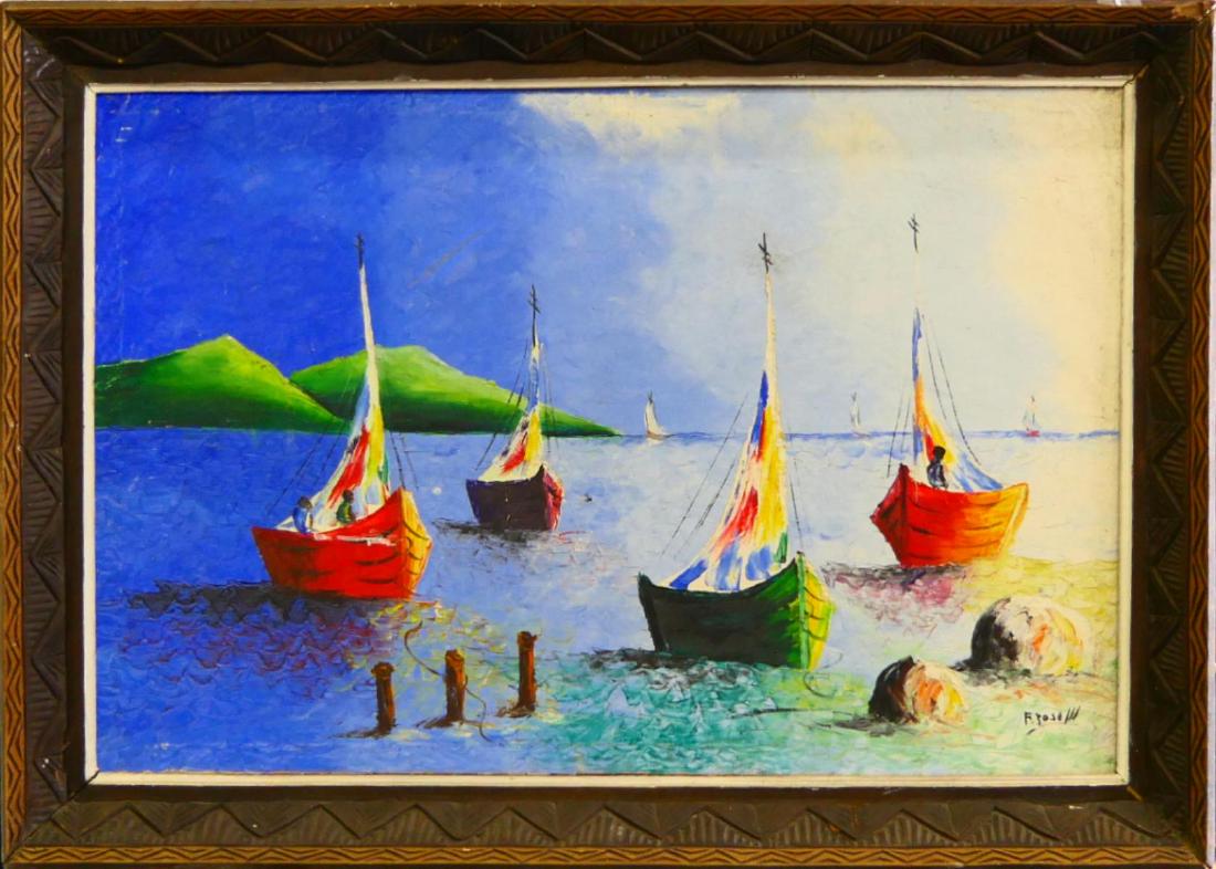 F. JOSEPH (HAITI 20th C) SAILBOATS OIL PAINTING (1 of 3)