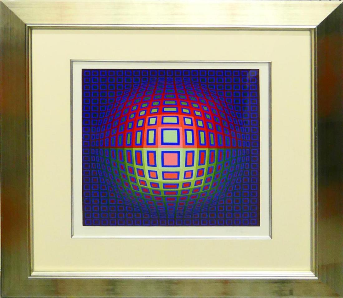 VICTOR VASARELY (1906-1997) SIGNED LE SERIGRAPH: Victor Vasarely (FRANCE / HUNGARY, 1906 - 1997) limited edition serigraph having a geometric design. Pencil signed to lower right and numbered 70/300 to lower left. Mounted in a silver painted wooden 