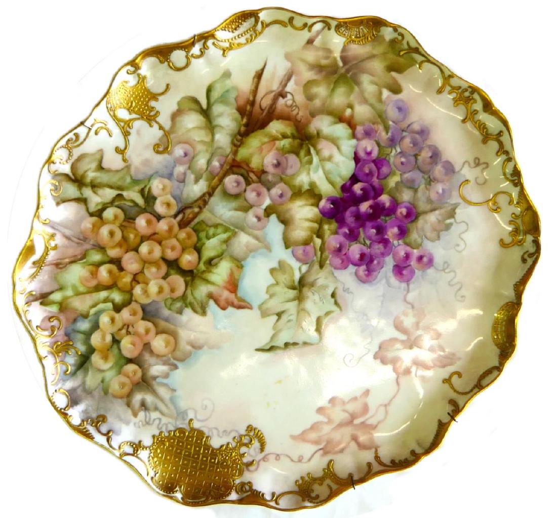 JP LIMOGES PORCELAIN GRAPES 16" CHARGER SIGNED: Antique Jean Pouyat Limoges French porcelain hand painted round charger having a floral design. Signed "GHR" to underside. Measures 16" diameter (40.6cm).