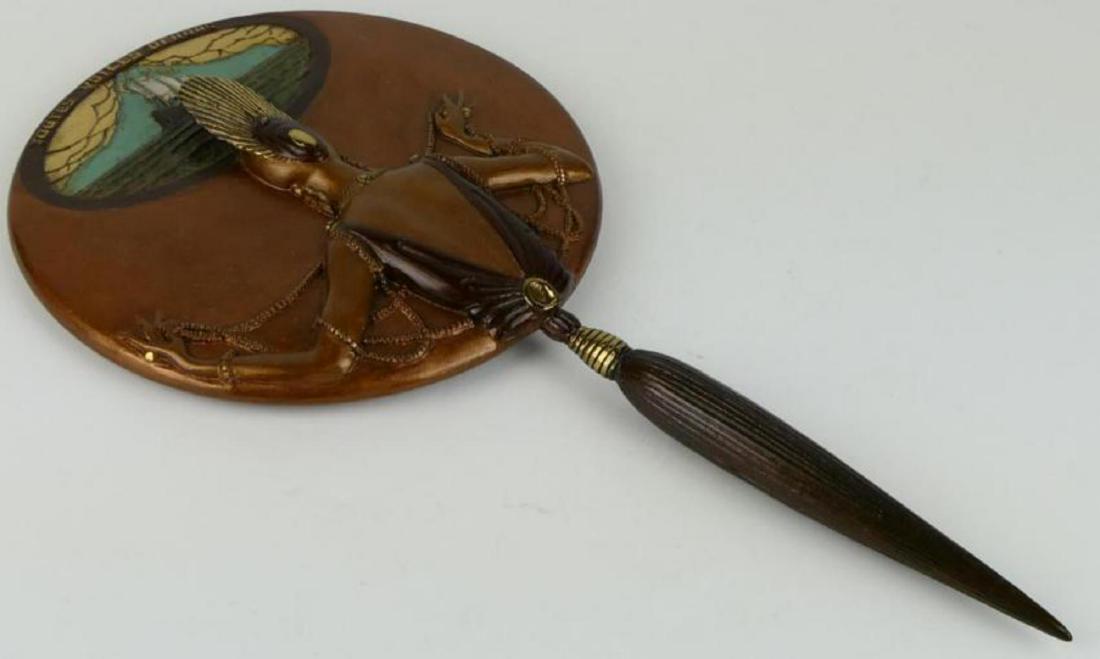 ERTE (FRENCH 1892-1990) HAND MIRROR: Romain De Tirtoff "Erte" (FRANCE / NEWY YORK / RUSSIAN FEDERATION, 1892 - 1990) a most interesting Art Deco "All Sails Out" nautical design vanity hand mirror crafted of heavy bronze depicting a woman