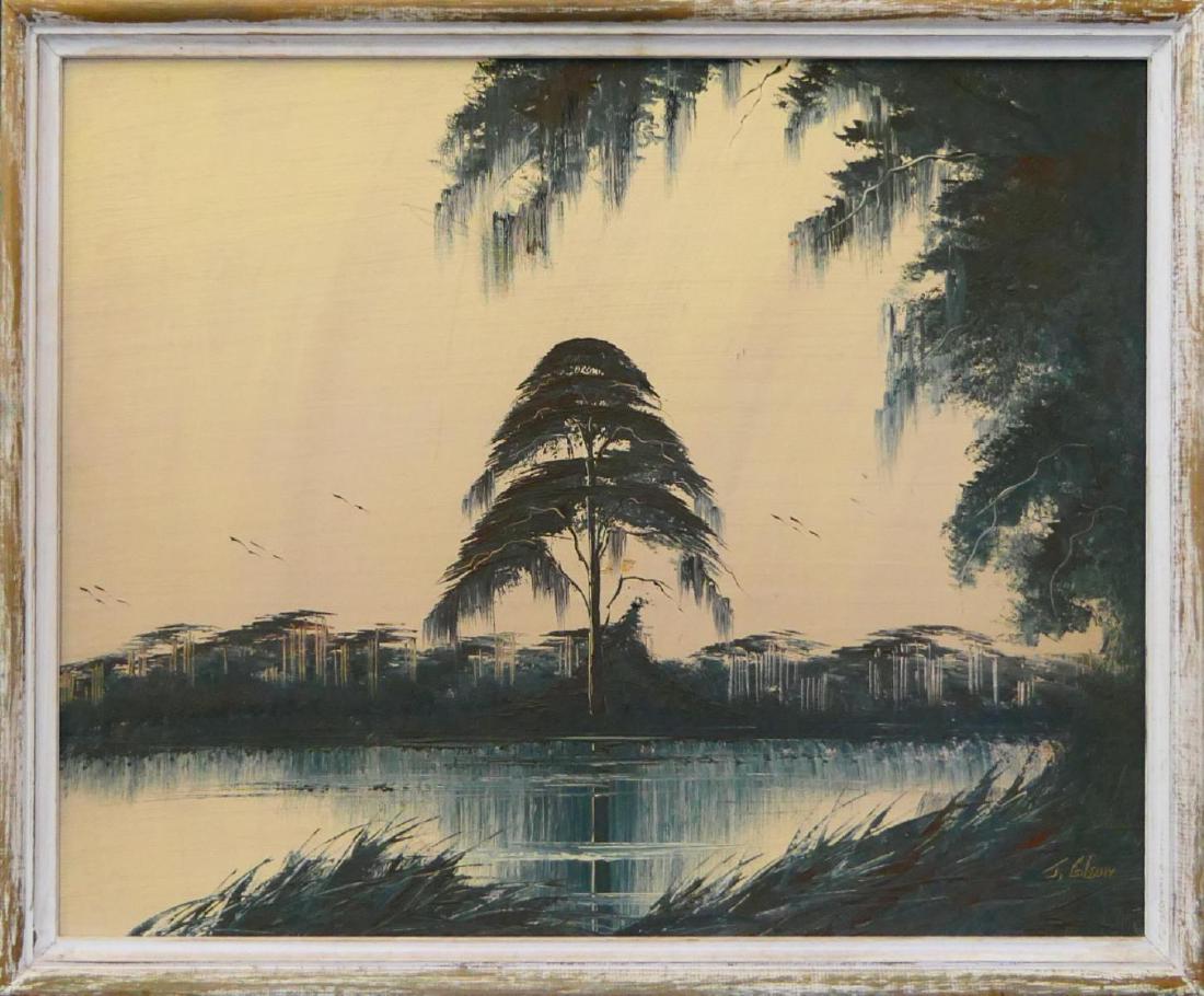 JAMES GIBSON (1938-2017) HIGHWAYMEN OIL PAINTING: James Gibson (AMERICAN / FLORIDA, 1938 - 2017) oil painting on artist board depicting a Florida landscape scene. Signed "J. Gibson" to lower right. Gibson's Fort Pierce gallery stamp mark is seen to v
