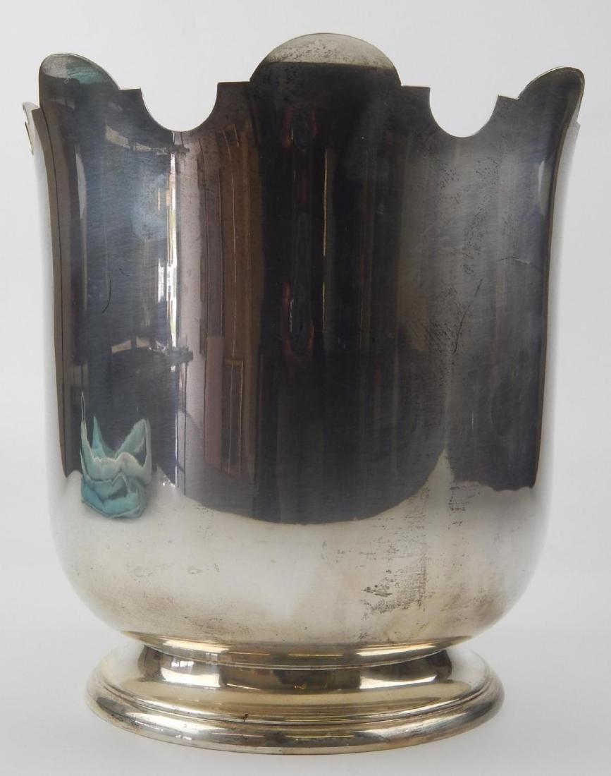 TIFFANY & CO STERLING SILVER WINE COOLER BUCKET: Tiffany & Company sterling silver champagne / wine cooler bucket having a scalloped rim. Impressed marks to bottom and numbered 25214. Includes Tiffany & Co blue anti-tarnish cover bag. Measures appro