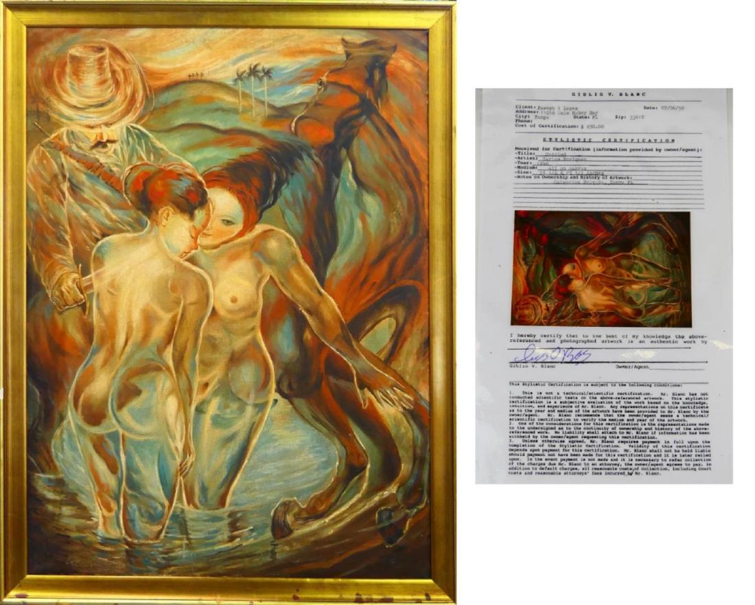 CARLOS ENRIQUEZ (CUBAN 1900-1957) OIL PAINTING: Carlos (Gomez) Enriquez (CUBA / PENNSYLVANIA, 1900 - 1957) oil painting on canvas having an abstract design depicting a man with a sword, two nude females and a horse executed circa 1946. Signed to lo