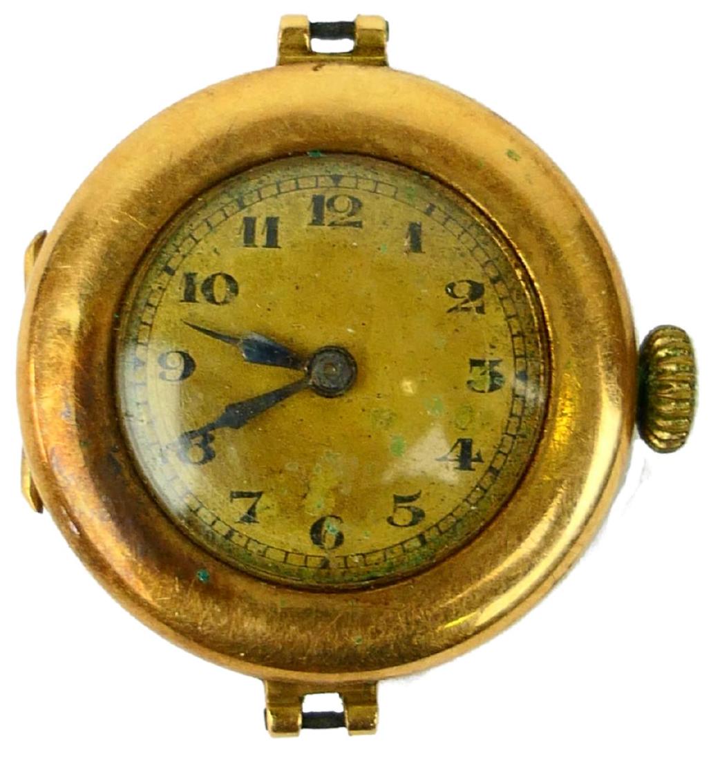 ANTIQUE 14K YELLOW GOLD 15J LADIES WRISTWATCH: Antique women's estate wristwatch having a 14k yellow gold case by R & Cie. number 10666. Gold tone dial with Arabic numerals and cobalt blue hour and minute hands. Has a 15 jewel Swiss mechanical han