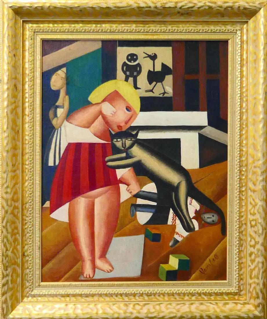 AFTER MARIE VASSILIEFF (RUSSIAN 1884-1957) OIL: After Marie Vassilieff (RUSSIAN FEDERATION, 1884 - 1957) oil painting on canvas depicting a young girl with cat. Signed to lower right. Mounted in a gold painted wooden frame. Canvas on stretcher meas