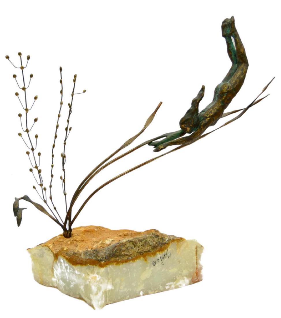 CURTIS JERE BRONZE & ONYX "SWIMMER" SCULPTURE: Curtis Jere (AMERICAN / CALIFORNIA / CHINA, 1910 - 2008) bronze sculpture depicting an underwater swimmer with aquatic life. Sets on a white onyx stone base. Signed and dated 1989 to side of base. Mea