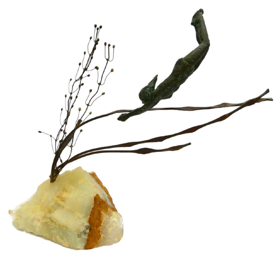 CURTIS JERE BRONZE & ONYX "SWIMMER" SCULPTURE: Curtis Jere (AMERICAN / CALIFORNIA / CHINA, 1910 - 2008) bronze sculpture depicting an underwater swimmer with aquatic life. Sets on a white onyx stone base. Signed and dated 1986? to side of base. Me