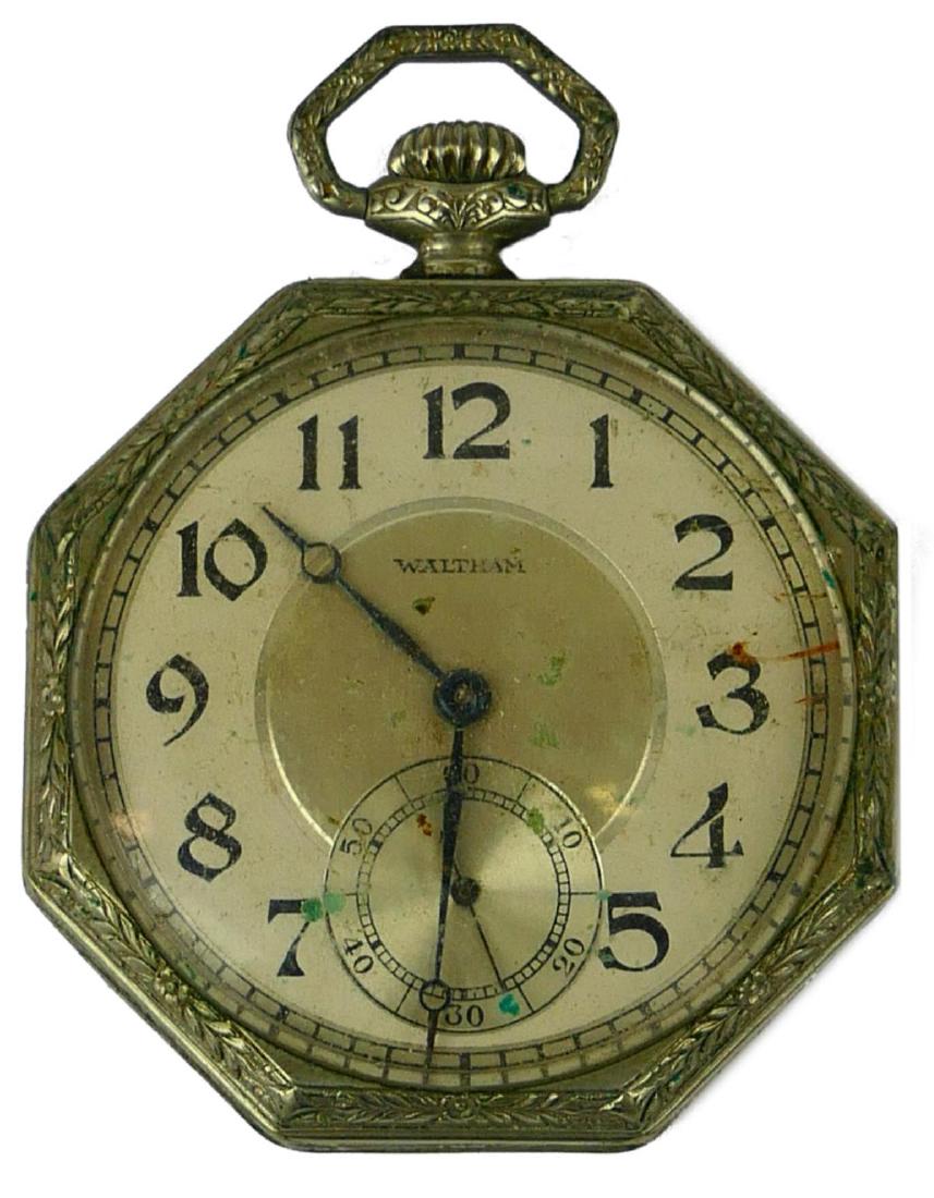 EARLY 20th C WALTHAM MECHANICAL POCKET WATCH: Circa 1920's gent's estate pocket silver plated open face pocket watch by Waltham. Has a silver tone dial with Arabic numerals and metallic cobalt hour, minute and sub-second complication hands. Has a