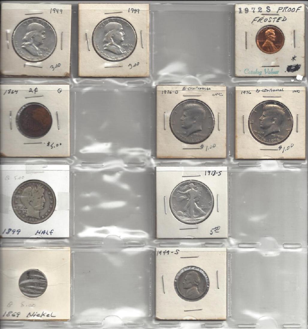 1864-1976 (10pcs) FRANKLIN,BARBER,SHEILD, COINS: (2) 1949 franklin half dollars (1)1864 shield 2 cent (1) 1972 proof penny (2) 1976 bi-centennial (1) 1899 barber half dollar(1) 1918 walking liberty half dollar (1) 1869 nickel (1) 1949 nickel