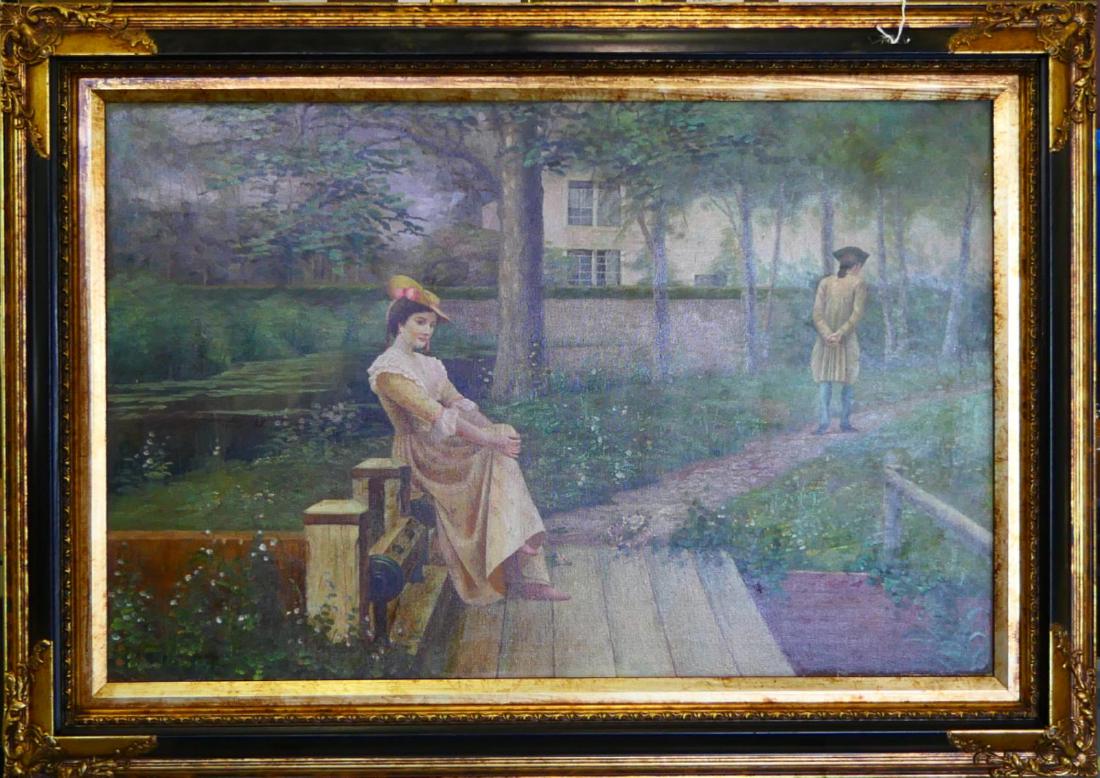 OLD AMERICAN COLONIAL SCENE OIL PAINTING ON CANVAS: Antique, oil painting on canvas depicting a Colonial American exterior scene. Mounted in an black and gold painted frame. Canvas on stretcher measures approx. 24" height x 36" width (60.9cm x 91.4cm).
