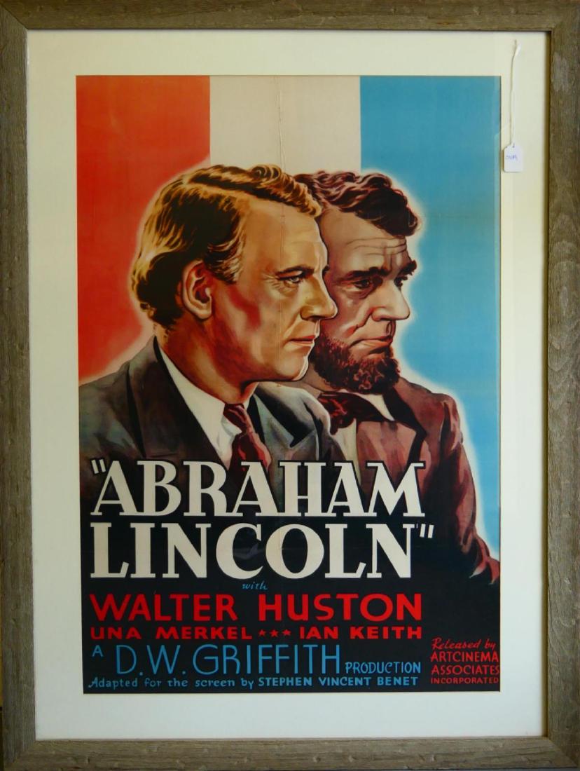 VINTAGE ABRAHAM LINCOLN MOVIE POSTER FRAMED: Vintage Abraham Lincoln movie poster starring Walter Huston, Una Merkel and Ian Keith. Mounted in a wooden frame with mat behind glass screen. Measures approx. 47 1/2" height x 34" width (120.6cm x 86