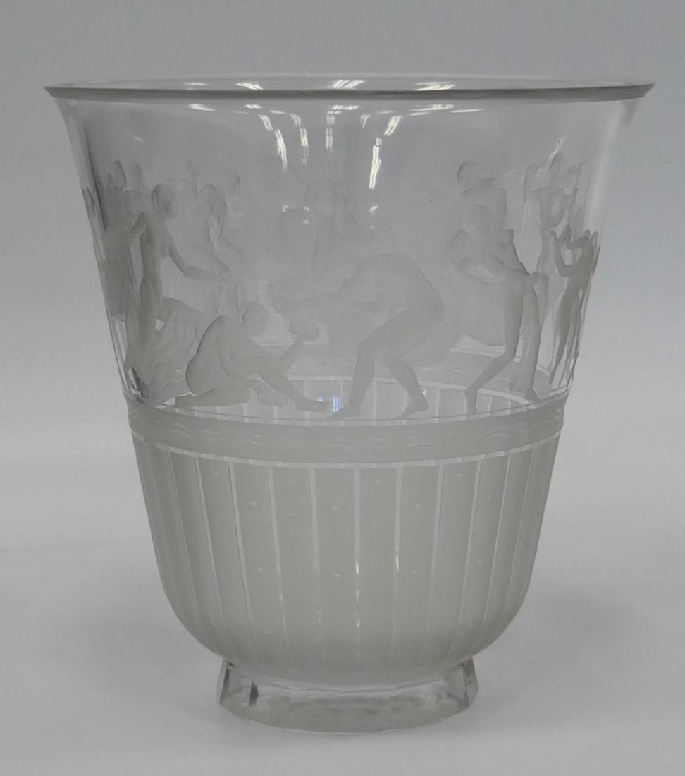 ORREFORS SIMON GATE ETCHED FROSTED CRYSTAL VASE: ORREFORS SIMON GATE (1883-1945) ETCHED FROSTED CRYSTAL VASE, measures 10" height by 9 1/2" diameter.