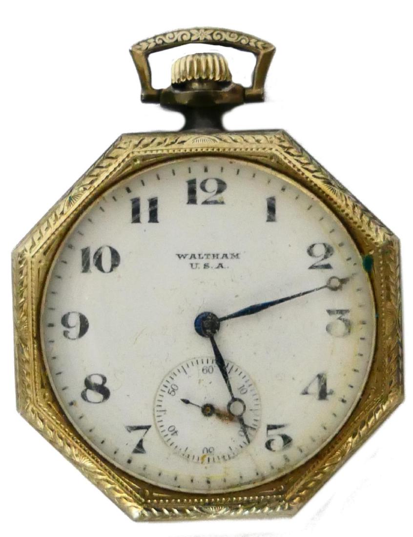 WALTHAM 14K WHITE GOLD ART DECO POCKET WATCH: Waltham Art Deco 14k white gold case open face pocket watch. Has a white enamel dial with Arabic numerals. Cobalt blue metallic hour, minute and sub-second complication hands. Appears to wind and run,