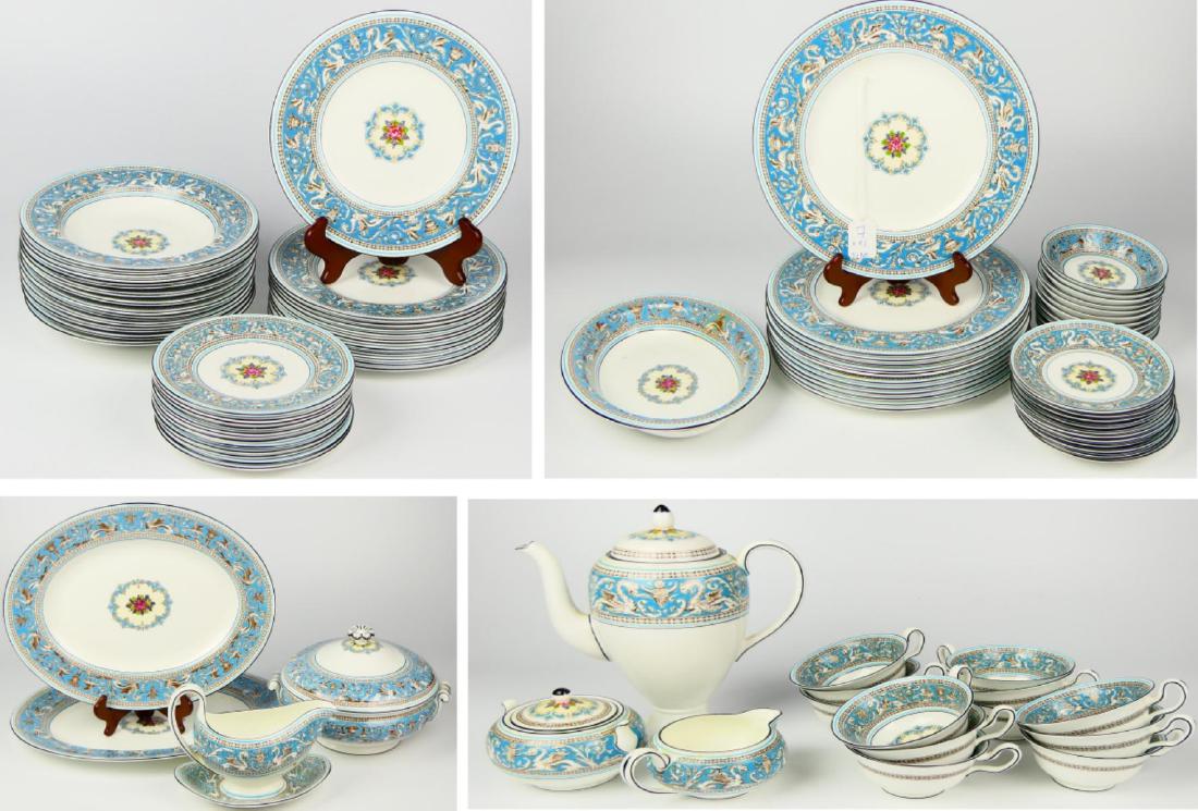 91pc WEDGWOOD "FLORENTINE BLUE" DINNERWARE SET: A 91 piece Wedgwood English fine bone china service for 12 dinnerware set in the highly prized "Florentine Blue" pattern with center fruit design. Set is to include 12 dinner plates, 12 salad plates,